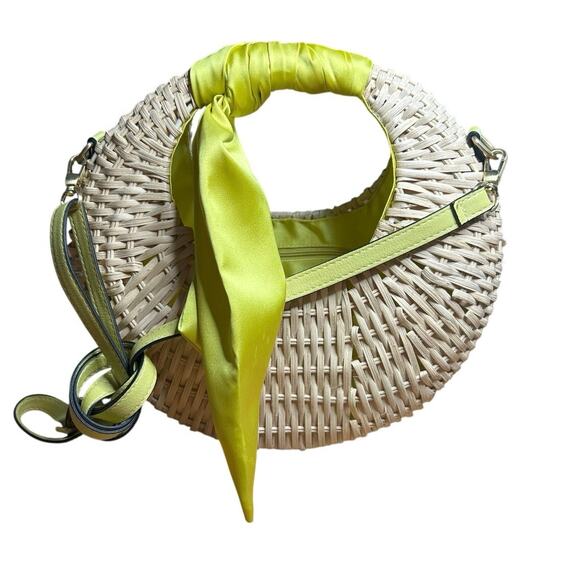 Scoop Handbags - SCOOP Wicker Crescent Crossbody Straw Purse Handbag Basket Yellow Scarf Accent